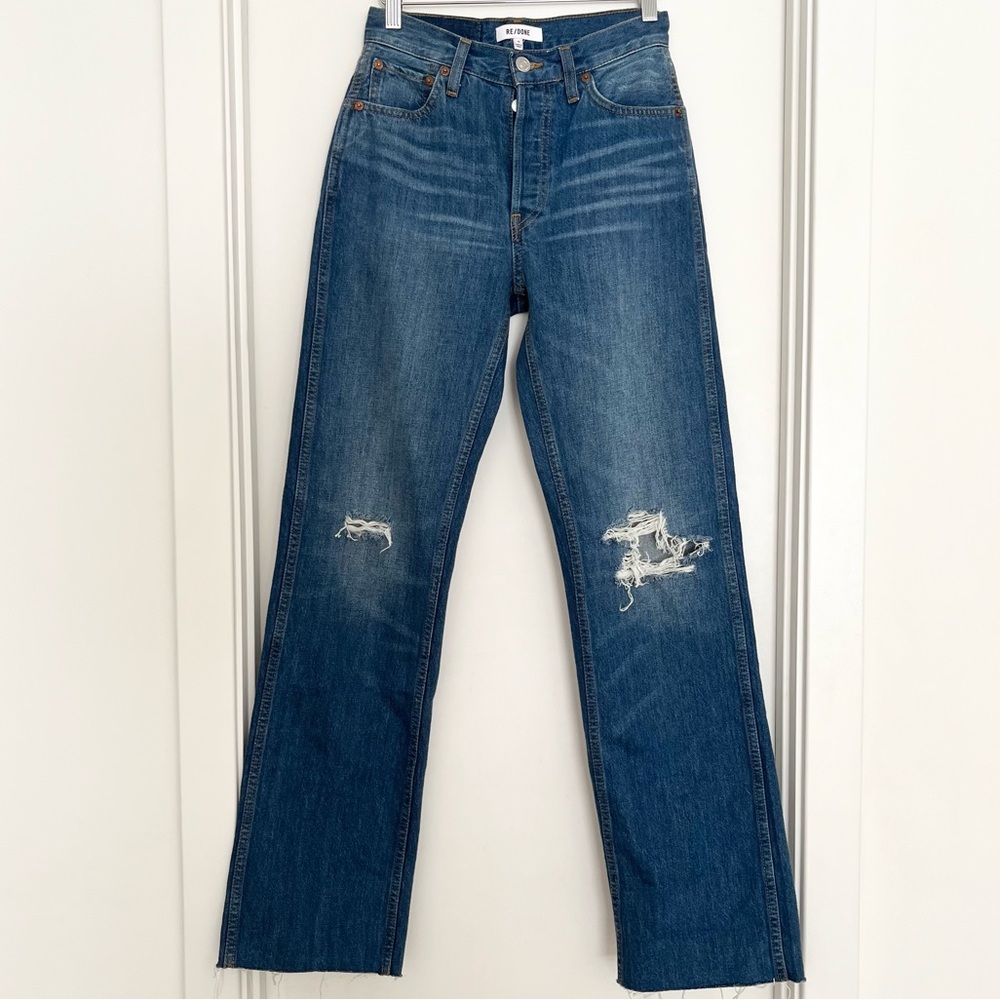 NWT RE/DONE Women's Jeans 24 Blue 90s High Rise Loose Straight Destroyed Broken